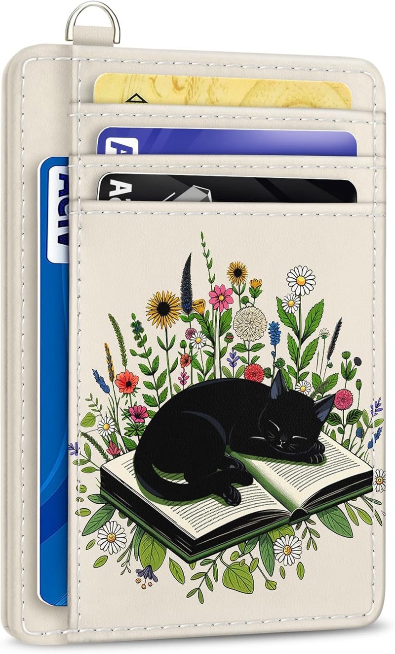 Yonlevres Credit Card Holder Slim Wallet, Floral Cat RFID Wallet Women Front Pocket Small Card Holder, Travel Cute Funny Thin RFID Blocking Case Organizer ID Window PU Leather Gifts - Image 1